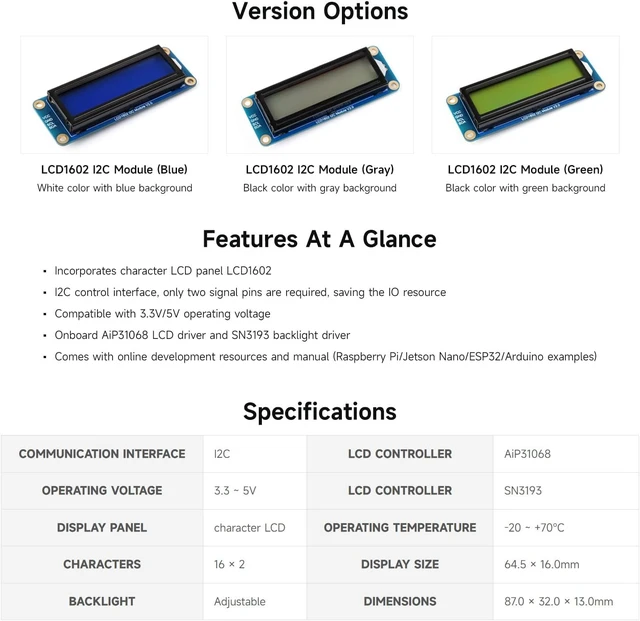 Alt view image 4 of 6 - Waveshare LCD1602 I2C Module, Compatible with Raspberry Pi 5/4B/3B/Pico/Pico W/Pico WH, 32 Characters LCD, 3.3V/5V, Backlight Adjustable, Green