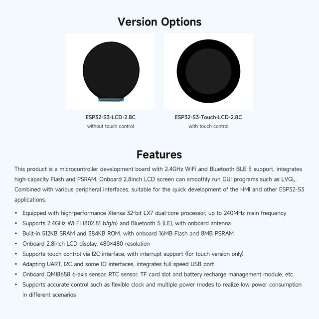 Alt view image 4 of 7 - Waveshare ESP32-S3 2.8inch Round Display Development Board, 480×480, 32-bit LX7 Dual-core Processor, Without Touch Function