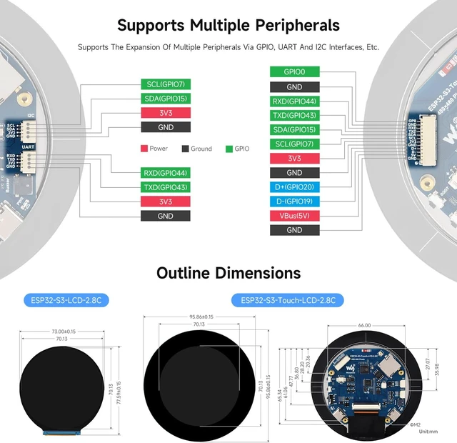 Alt view image 7 of 7 - Waveshare ESP32-S3 2.8inch Round Display Development Board, 480×480, 32-bit LX7 Dual-core Processor, Without Touch Function