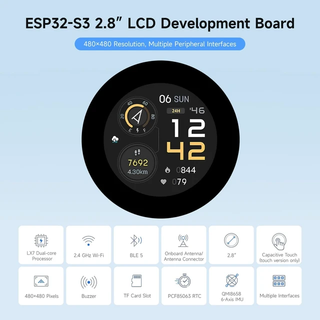 Alt view image 3 of 7 - Waveshare ESP32-S3 2.8inch Round Display Development Board, 480×480, 32-bit LX7 Dual-core Processor, Without Touch Function