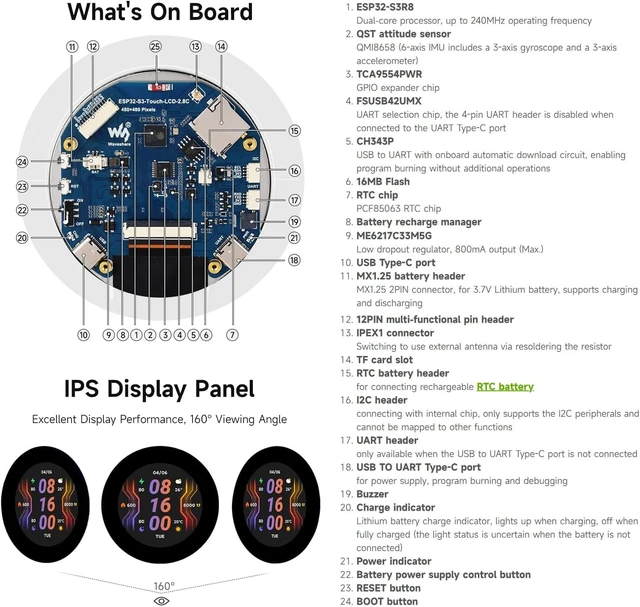 Alt view image 6 of 7 - Waveshare ESP32-S3 2.8inch Round Display Development Board, 480×480, 32-bit LX7 Dual-core Processor, Without Touch Function