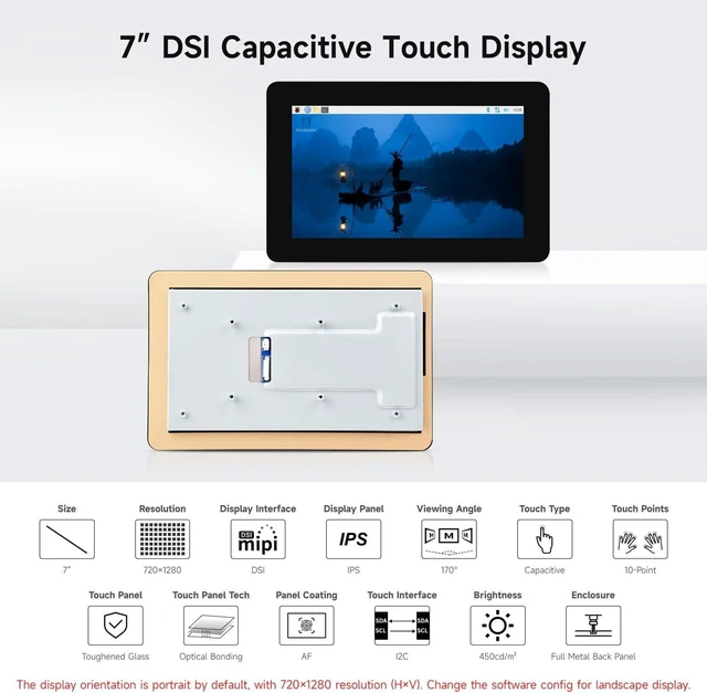 Alt view image 3 of 7 - waveshare 7inch DSI Capacitive Touch Display, Compatible with Raspberry Pi 5/4B/3B/CM3/3+/4, 720×1280, IPS Panel, Optical Bonding Toughened Glass Panel, 10-Point Touch, Anti-Fingerprint Process