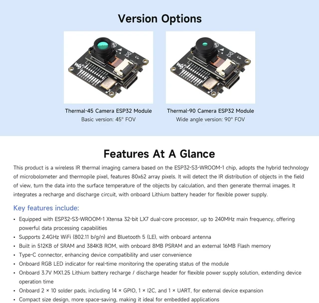 Alt view image 4 of 7 - Waveshare ESP32-S3 IR Thermal Imaging Camera Module, Type-C Port, 80×62 Pixels, 90 ° Field of View Angle