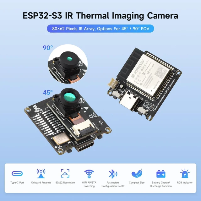 Alt view image 3 of 7 - Waveshare ESP32-S3 IR Thermal Imaging Camera Module, Type-C Port, 80×62 Pixels, 90 ° Field of View Angle