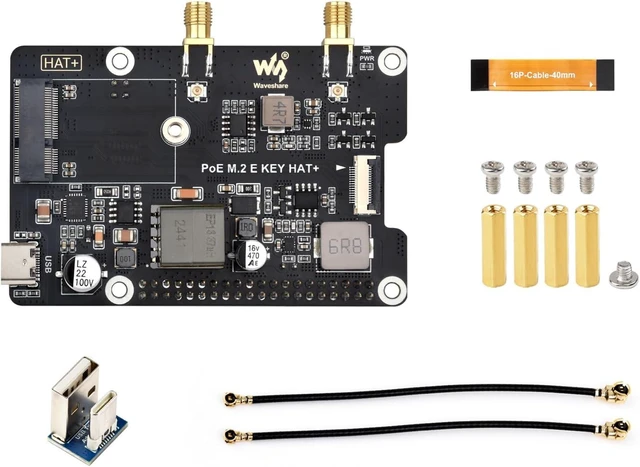 Main image of Waveshare PCIe to M.2 E Key Adapter with PoE Function, Compatible with Raspberry Pi 5, Support NGFF (M.2 E Key) Wireless NIC, Raspberry Pi 5 PCIe HAT