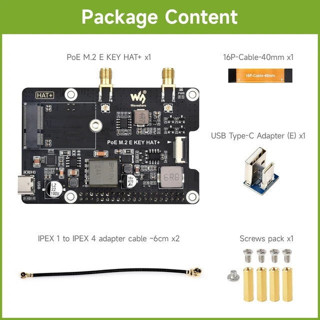 Alt view image 2 of 7 - Waveshare PCIe to M.2 E Key Adapter with PoE Function, Compatible with Raspberry Pi 5, Support NGFF (M.2 E Key) Wireless NIC, Raspberry Pi 5 PCIe HAT