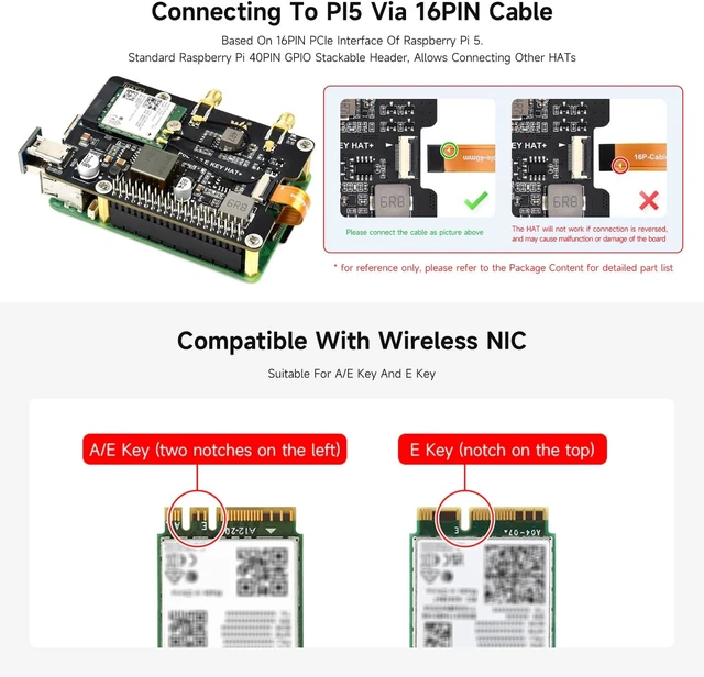 Alt view image 5 of 7 - Waveshare PCIe to M.2 E Key Adapter with PoE Function, Compatible with Raspberry Pi 5, Support NGFF (M.2 E Key) Wireless NIC, Raspberry Pi 5 PCIe HAT