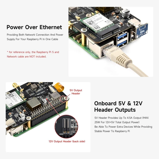 Alt view image 7 of 7 - Waveshare PCIe to M.2 E Key Adapter with PoE Function, Compatible with Raspberry Pi 5, Support NGFF (M.2 E Key) Wireless NIC, Raspberry Pi 5 PCIe HAT