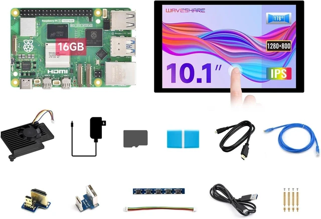 Main image of Waveshare Display Kit, Compatible with Raspberry Pi 5, Bundle with Raspberry Pi 5 16GB, 10.1inch LCD, Cooler, 64GB TF Card, Cable and so on (14 Items)
