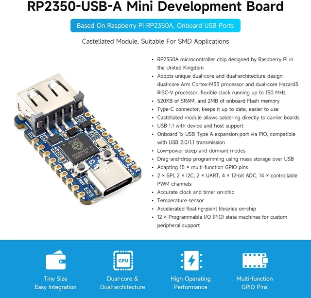 Alt view image 3 of 5 - Waveshare RP2350A USB Mini Development Board, Based On Raspberry Pi RP2350A Dual-core & Dual-Architecture Microcontroller, 150MHz Operating Frequency
