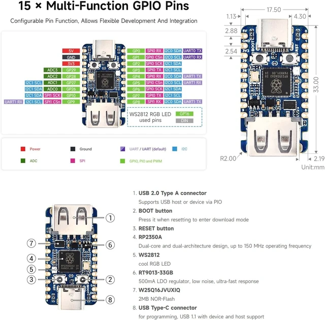 Alt view image 5 of 5 - Waveshare RP2350A USB Mini Development Board, Based On Raspberry Pi RP2350A Dual-core & Dual-Architecture Microcontroller, 150MHz Operating Frequency
