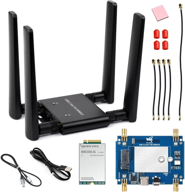 Main image of Waveshare 5G DONGLE Expansion Board, USB 3.2 Port, Aluminum Alloy Case, Quad Antennas, Onboard M.2 Key B Interface, Comes with The Qualcomm RM530N-GL 5G Sub-6G & mmWave Module, Global Applicable