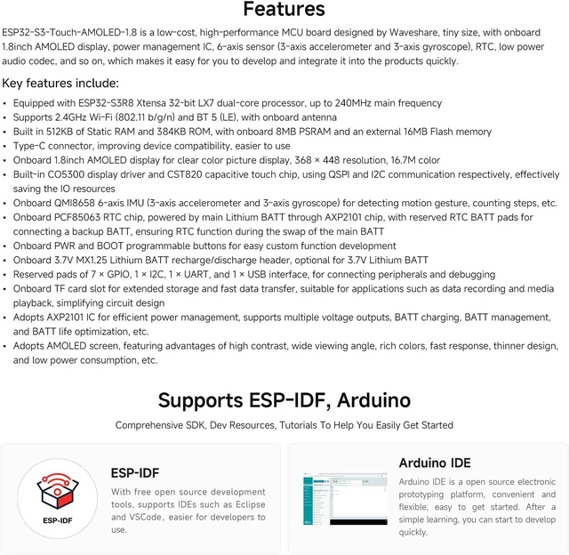 Alt view image 4 of 7 - Waveshare ESP32-S3 1.8inch AMOLED Touch Display, Embedded with SH8601 Display Driver and FT3168 Capacitive Touch Chip,32-bit LX7 Dual-core Processor, 368×448 Pixels, Comes with 3.7V MX1.25 Li Battery