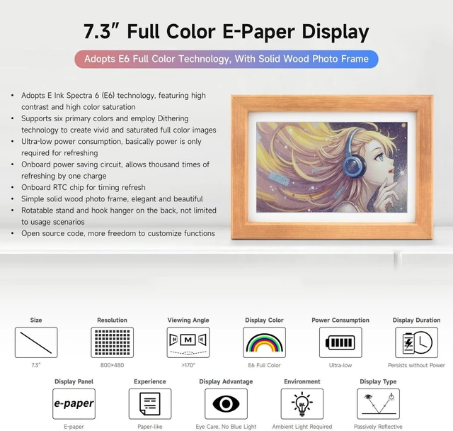 Alt view image 2 of 7 - Waveshare 7.3inch E6 Full Color E-Paper with Solid Wood Photo Frame, Ultra-Long Standby, 800 × 480 Resolution, Comes with BATT