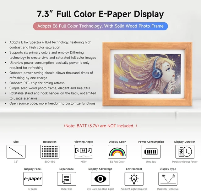 Alt view image 3 of 7 - Waveshare 7.3inch E6 Full Color E-Paper with Solid Wood Photo Frame, Ultra-Long Standby, 800 × 480 Resolution, Batteries NOT Included