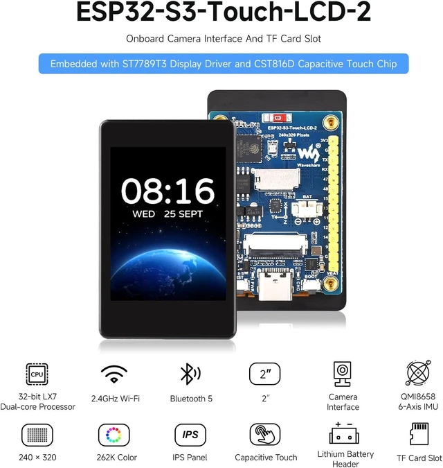 Alt view image 3 of 7 - Waveshare ESP32-S3 2inch Capacitive Touch Display Development Board, 240×320 Pixels, IPS Panel, 32-bit LX7 Dual-core Processor, Up to 240MHz Frequency, NOT Include OV560 Camera