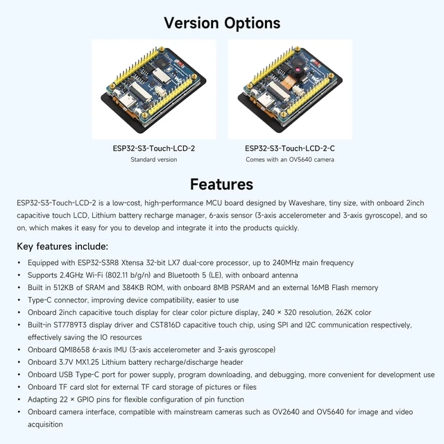 Alt view image 4 of 7 - Waveshare ESP32-S3 2inch Capacitive Touch Display Development Board, 240×320 Pixels, IPS Panel, 32-bit LX7 Dual-core Processor, Up to 240MHz Frequency, NOT Include OV560 Camera