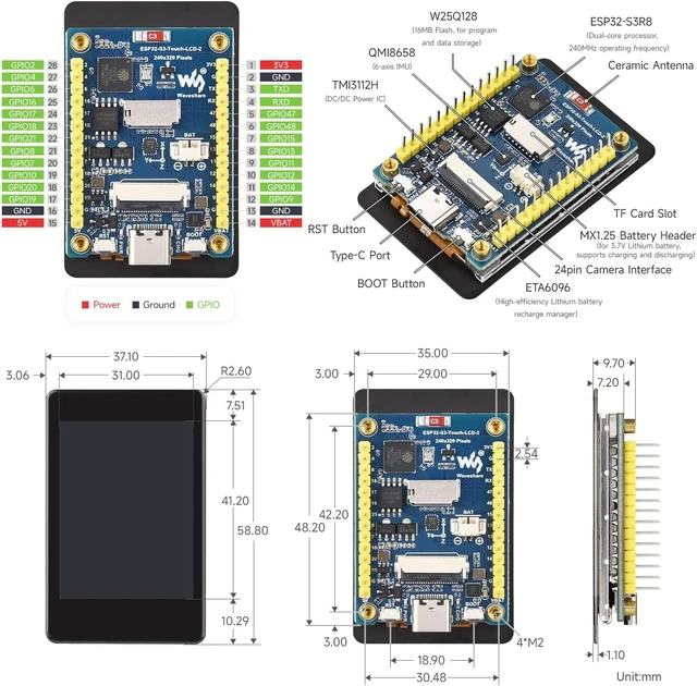 Alt view image 7 of 7 - Waveshare ESP32-S3 2inch Capacitive Touch Display Development Board, 240×320 Pixels, IPS Panel, 32-bit LX7 Dual-core Processor, Up to 240MHz Frequency, NOT Include OV560 Camera