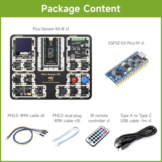Alt view image 2 of 7 - Waveshare Raspberry Pi Pico Entry-Level Sensor Kit, Including Pico Expansion Board and 15 Common modules, All-in-one Design, Bundle with ESP32-S3-Pico-M + Sensor Kit (6 Items)