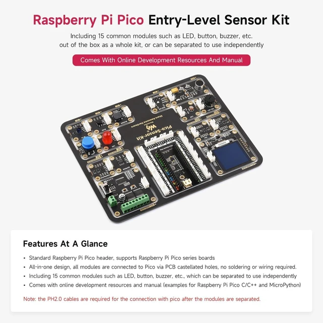 Alt view image 3 of 7 - Waveshare Entry-Level Sensor Kit Compatible with Raspberry Pi Pico, Including 15 Common Modules - Sensor Kit + Raspberry Pi Pico H