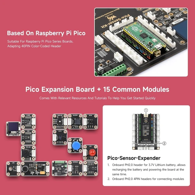 Alt view image 5 of 7 - Waveshare Entry-Level Sensor Kit Compatible with Raspberry Pi Pico, Including 15 Common Modules - Sensor Kit + Raspberry Pi Pico H