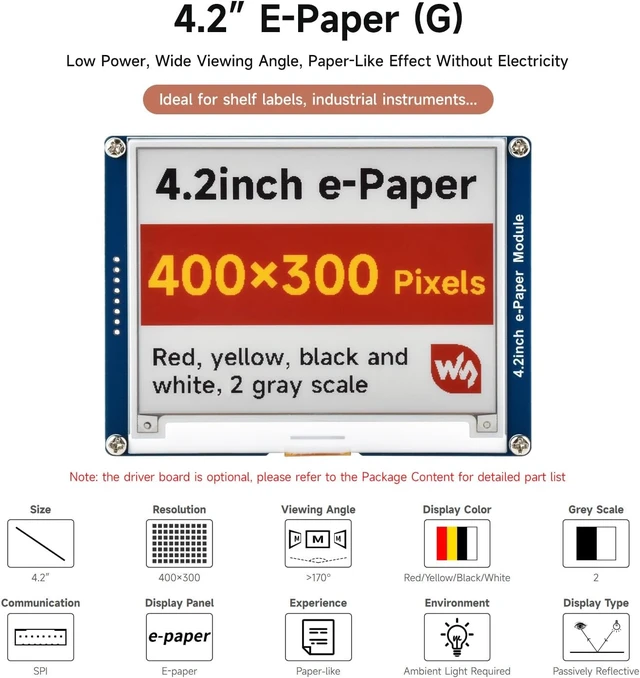 Alt view image 3 of 6 - Waveshare 4.2inch e-Paper, Compatible with Raspberry Pi 5/4B/3B Series Board, Support Jetson Nano/Jetson Orin Nano,400x300, Red/Yellow/Black/White, SPI Interface, with Driver Board