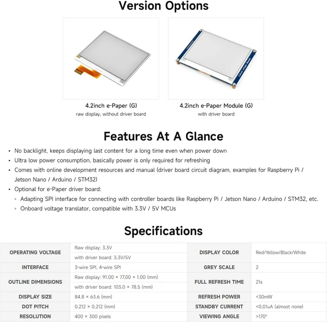 Alt view image 4 of 6 - Waveshare 4.2inch e-Paper, Compatible with Raspberry Pi 5/4B/3B Series Board, Support Jetson Nano/Jetson Orin Nano,400x300, Red/Yellow/Black/White, SPI Interface, with Driver Board