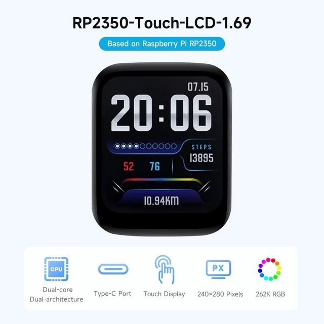 Alt view image 3 of 7 - Waveshare RP2350 Microcontroller Development Board, with 1.69inch Touch LCD, Rounded Corners, Dual-core & Dual-Architecture Design, 16MB Flash, Accelerometer and Gyroscope Sensor