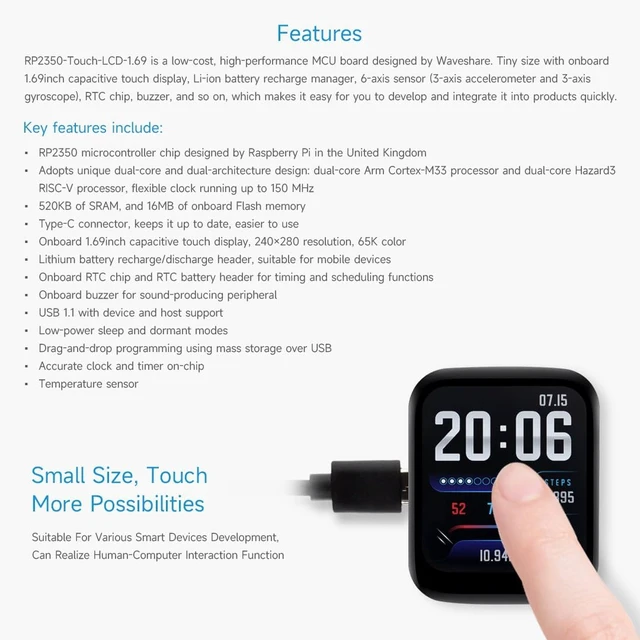 Alt view image 4 of 7 - Waveshare RP2350 Microcontroller Development Board, with 1.69inch Touch LCD, Rounded Corners, Dual-core & Dual-Architecture Design, 16MB Flash, Accelerometer and Gyroscope Sensor