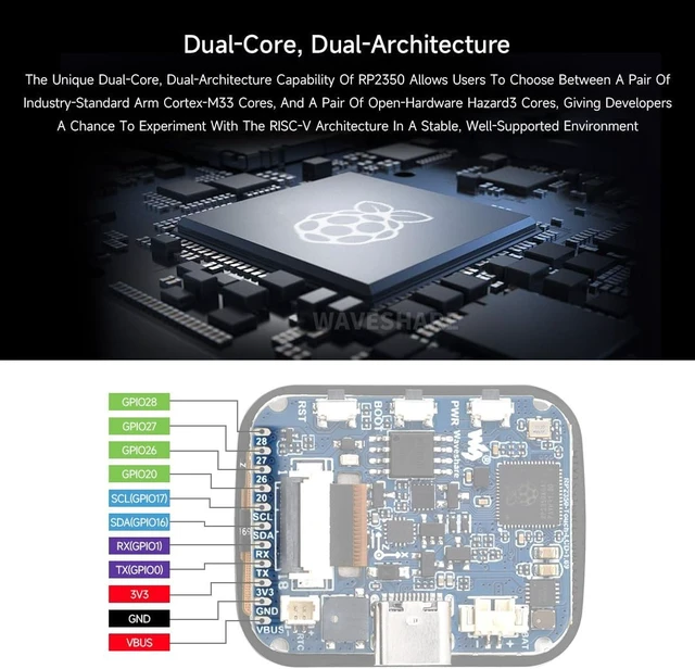 Alt view image 5 of 7 - Waveshare RP2350 Microcontroller Development Board, with 1.69inch Touch LCD, Rounded Corners, Dual-core & Dual-Architecture Design, 16MB Flash, Accelerometer and Gyroscope Sensor