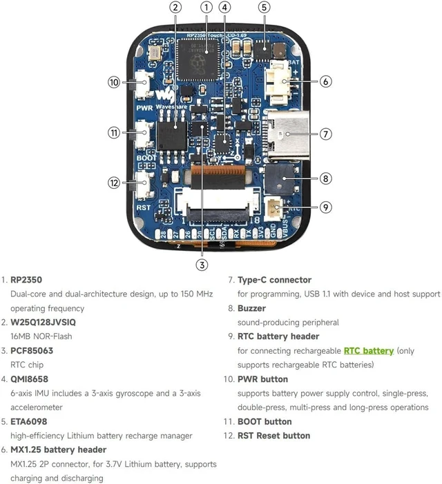 Alt view image 7 of 7 - Waveshare RP2350 Microcontroller Development Board, with 1.69inch Touch LCD, Rounded Corners, Dual-core & Dual-Architecture Design, 16MB Flash, Accelerometer and Gyroscope Sensor