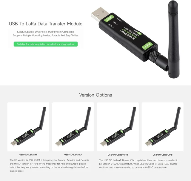 Alt view image 3 of 7 - Waveshare 2PCS USB to LoRa Data Transfer Module, Based On SX1262, Suitable for Data Acquisition in Industry and Agriculture-TCXO Crystal oscillator-2PCS Version