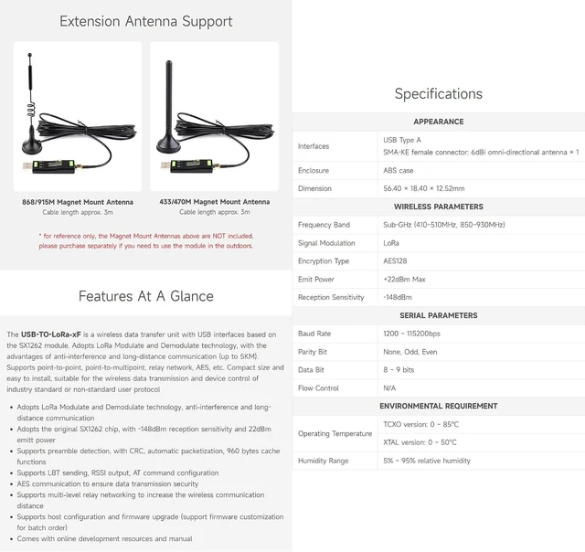 Alt view image 4 of 7 - Waveshare USB to LoRa Data Transfer Module, Based On SX1262, Suitable for Data Acquisition in Industry and Agriculture-XTAL Crystal oscillator
