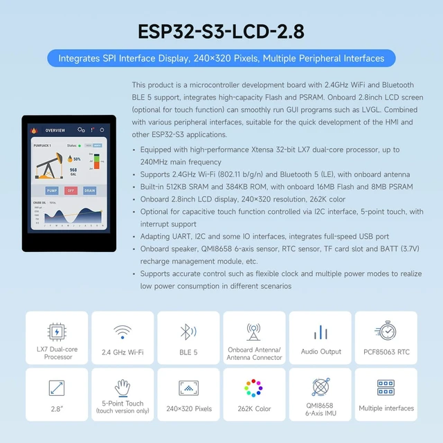 Alt view image 3 of 7 - Waveshare ESP32-S3 2.8inch Display Development Board, 240×320, IPS, 32-bit LX7 Dual-core Processor, Up to 240MHz Frequency, Supports WiFi & Bluetooth, Without Touch Function