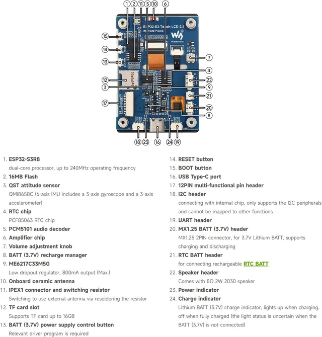 Alt view image 7 of 7 - Waveshare ESP32-S3 2.8inch Display Development Board, 240×320, IPS, 32-bit LX7 Dual-core Processor, Up to 240MHz Frequency, Supports WiFi & Bluetooth, Without Touch Function