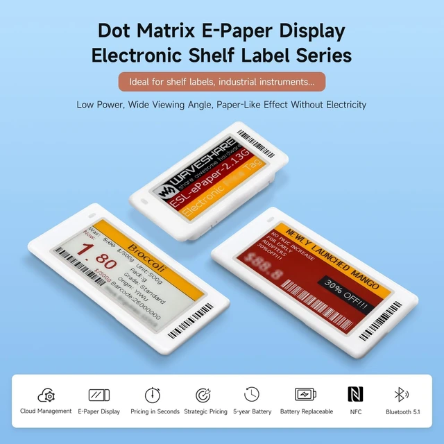 Alt view image 3 of 7 - Waveshare 2.13inch Dot Matrix e-Paper Display, Electronic Shelf Label Series, Red/Yellow/Black/White, Cloud Platform Refreshing Support, with ABS Case and Replaceable BATT-10PCS