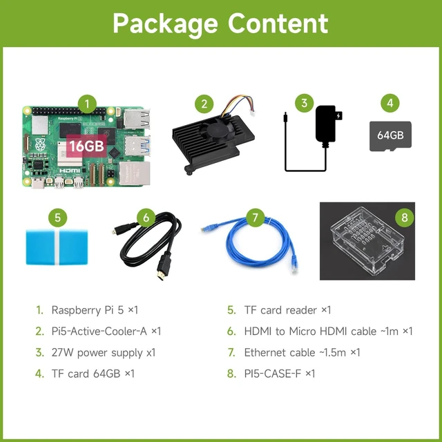 Alt view image 2 of 7 - Waveshare Starter Kit, Compatible with Raspberry Pi 5, Bundle with Raspberry Pi 5 16GB, 64GB TF Card, Cooler, Case, Cable and so on (8 Items)