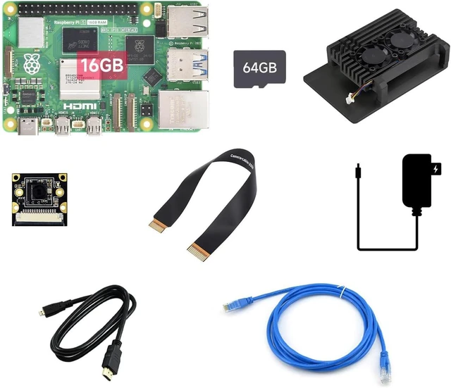 Main image of Waveshare Dual Camera Kit, Compatible with Raspberry Pi 5, Bundle with Raspberry Pi 5 16GB, 2pcs PI5-IMX219-77 Camera, TF Card 64GB, Power Supply and so on (8 Items)