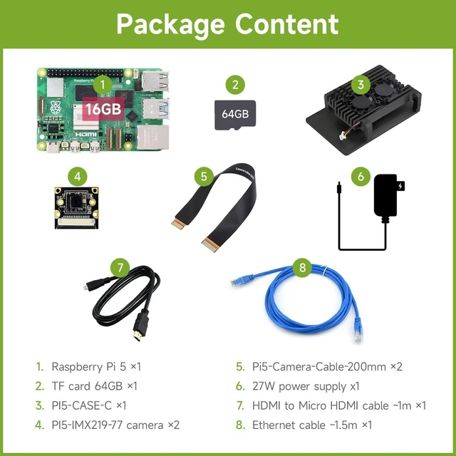 Alt view image 2 of 7 - Waveshare Dual Camera Kit, Compatible with Raspberry Pi 5, Bundle with Raspberry Pi 5 16GB, 2pcs PI5-IMX219-77 Camera, TF Card 64GB, Power Supply and so on (8 Items)