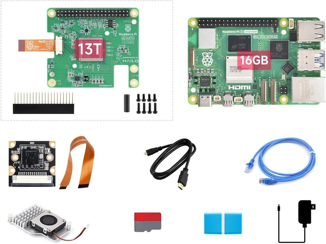 Main image of Waveshare PI5-16GB AI Kit, Compatible with Raspberry Pi 5, Bundle with Raspberry Pi 5 16GB, Raspberry Pi AI HAT+ 13T, PI5-IMX219-77 Camera, Cooler, 64GB TF Card, Cable and so on (9 Items)