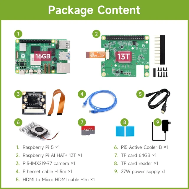 Alt view image 2 of 7 - Waveshare PI5-16GB AI Kit, Compatible with Raspberry Pi 5, Bundle with Raspberry Pi 5 16GB, Raspberry Pi AI HAT+ 13T, PI5-IMX219-77 Camera, Cooler, 64GB TF Card, Cable and so on (9 Items)