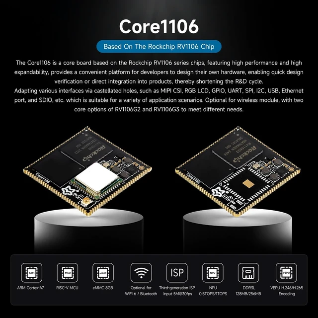 Alt view image 3 of 7 - Waveshare Luckfox Core1106 Core Board Based On Rockchip RV1106 Chip, 8GB eMMC, Integrates ARM Cortex-A7/RISC-V MCU/NPU/ISP Processors, 128MB Memory, with Wireless