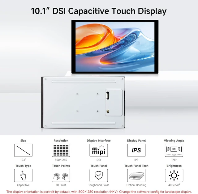 Alt view image 3 of 7 - waveshare 10.1inch DSI Capacitive Touch Display, Comaptible with Raspberry Pi 5/4B/3B, 800×1280, IPS Panell, 10-Point Touch