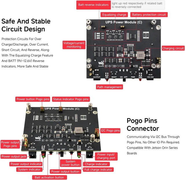 Alt view image 7 of 7 - Waveshare Uninterruptible Power Supply UPS Module, Compatible with, Jetson Orin, Supports 21700 Li BAT (NOT Included), Pogo Pins Connector, Supports Charging and Power Output At The Same Time