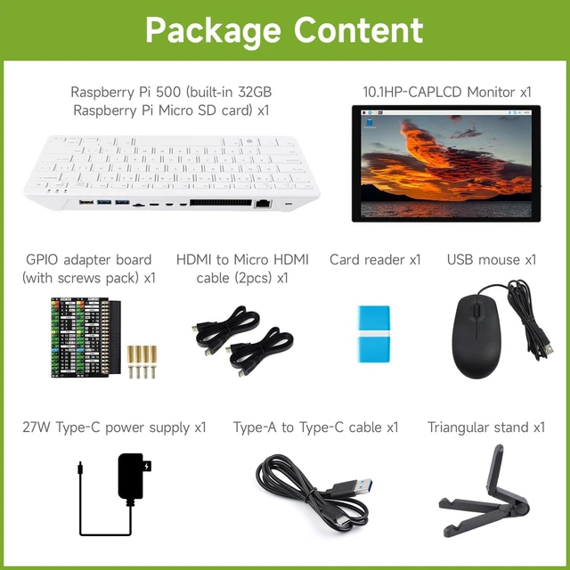 Alt view image 2 of 7 - Waveshare Display Kit, Compatible with Raspberry Pi 500, Bundle with 10.1inch Capacitive Touch Display, WI-FI/BLT Support, Dual-4K Outputs, Comes with Official 32GB Micro SD Card