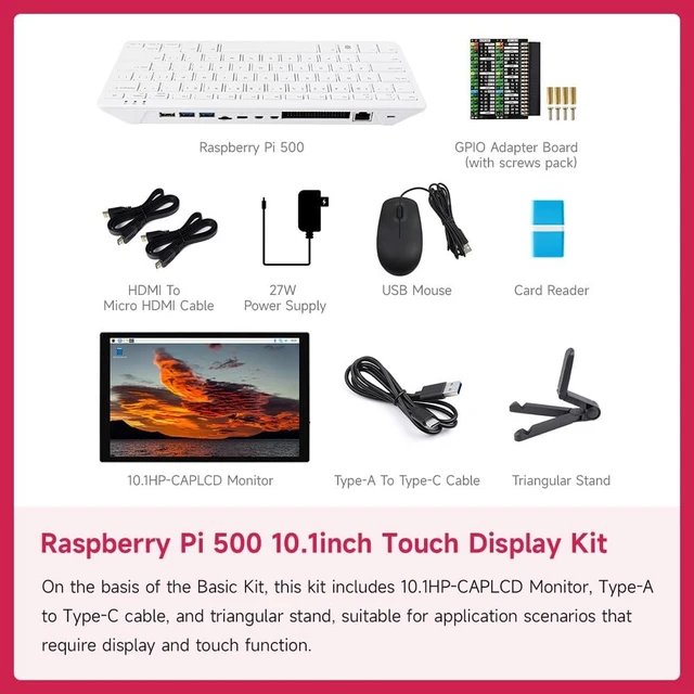 Alt view image 3 of 7 - Waveshare Display Kit, Compatible with Raspberry Pi 500, Bundle with 10.1inch Capacitive Touch Display, WI-FI/BLT Support, Dual-4K Outputs, Comes with Official 32GB Micro SD Card