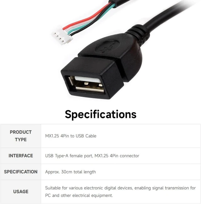 Alt view image 4 of 5 - waveshare 2pcs MX1.25 4Pin to USB Cable, USB Type-A Female Port, Approx. 30cm Total Length
