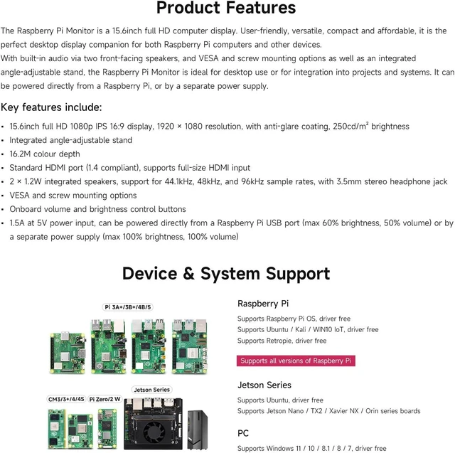 Alt view image 4 of 7 - waveshare Pi Monitor Kit, Comes with an Official Raspberry Pi 15.6inch Monitor, 1920×1080 Resolution, Standard HDMI Port, IPS, VESA Mounting Support, Bundle with Accessories (6 Items)