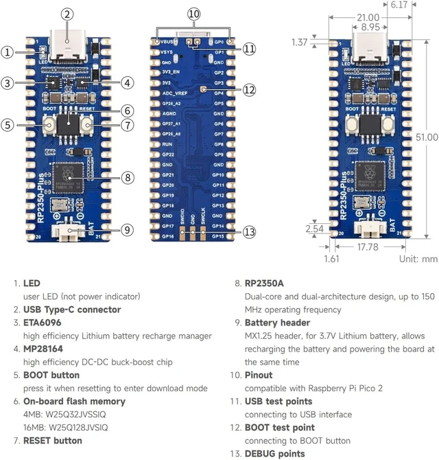 Alt view image 7 of 7 - Waveshare RP2350-Plus Development Board, A Low-Cost, High-Performance Pico-Like MCU Board Based On Raspberry Pi RP2350A Dual-core & Dual-Architecture Microcontroller, with Pre-Solder Header, 16MB