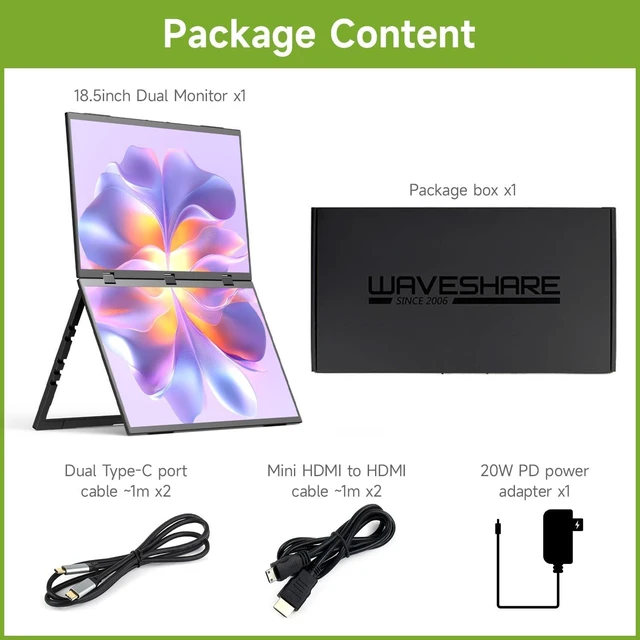 Alt view image 2 of 7 - waveshare 18.5inch Dual-Screen Portable Monitor, Supports Windows/MacOS, Dual-1080p High Definition Foldable Screen, 100% SRGB, 178° Wide Viewing Angle, Built-in Gravity Sensor, Hi-Fi Speaker